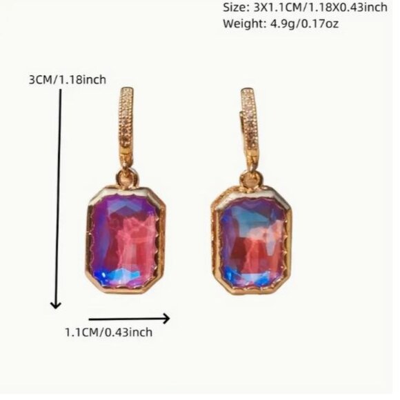 NEW 18K Gold Plated Iridescent Purple Emerald Cut Crystal Drop Earrings - Picture 3 of 3